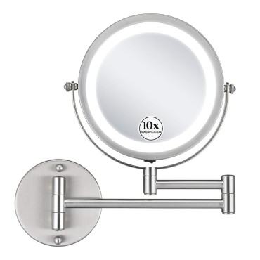GloRiastar Cordless LED Wall Mounted Makeup Mirror with 1x/10x Magnification,Bt Powered, no Power Cord Required.360° Swivel Extendable Cosmetic Vanity Mirror for Bathroom Hotels,Brushed Nickel