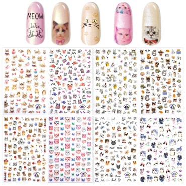 PHOGARY 8 Sheets Cat Nail Sticker for Nail Art Decoration False Nail Manicure Decals Girls Women Gift