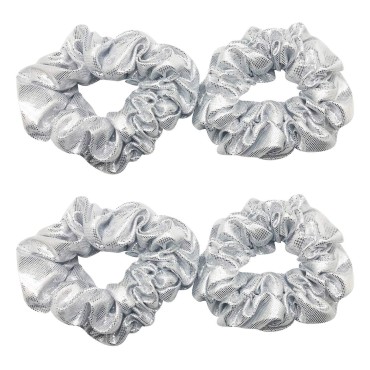 4 Pack Metallic School Performance Hair Scrunchies Slap Bracelet Gilding Ponytail Holder Elastic Hair Bands Scrunchy Hair Ties Hair Accessories for Show/Sleepover Party (Silver)