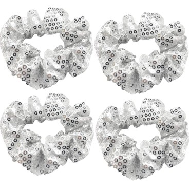 4 Pack Sparkly Sequin Slap Bracelet Sleepover Party Hair Scrunchies Ponytail Holder Elastic Hair Bands Scrunchy Hair Ties Hair Accessories for/Show/School Performance (Silver)
