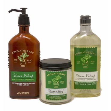Bath & Body Works Aromatherapy Stress Relief Diffuser, Prime Spa Gift Set Wellness Bundle, Eucalyptus Spearmint Body Lotion + Body Wash & Foam Bath + Wick Candle, Relax Essential Oils