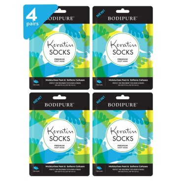 Bodipure Premium Keratin Socks for Callus and Heel Softening - Foot Masks for Dry Cracked Feet - Moisturizing Foot Treatment Socks with Plant Keratin, Salicylic Acid, and Urea - 4 Sock Pairs