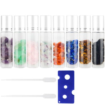 Tomorotec 10ml Essential Oil Roller Bottles Set with Colorful Gem Stone Balls, Home Ultra Thick Roller Bottle for Oil with Opener and Droppers (8 Pcs)