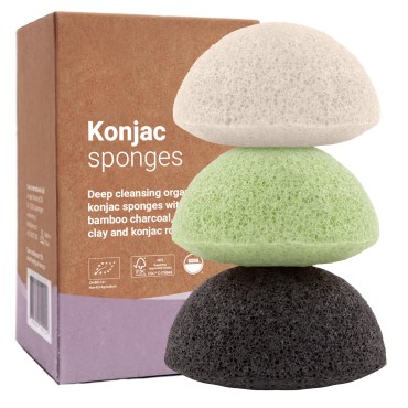 Vove | Premium Organic Konjac Sponge | 3 Pack | Biodegradable & Eco-Friendly | Charcoal & French Clay | Gentle Face Exfoliator | All Skin Types