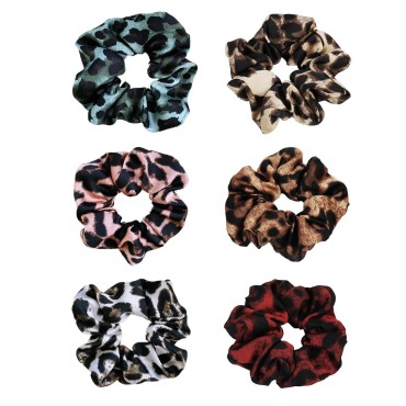 6 Pack Women's Animal Style Leopard Print Hair Scrunchies Cheetah Scrunchie Leopard Hair Ties Chiffon Ponytail Holder Elastic Bobbles (6 Pack Leopard Scrunchies C)