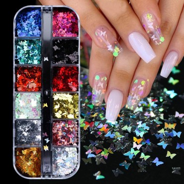 12 Colors Butterfly Glitter Nail Sequins - 3D Nail...