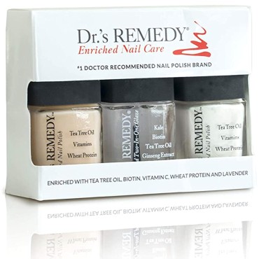 Dr’s Remedy 3 Pack Nail Polish, TOTAL Two-In-One/PERFECT Petal Pink/CLASSIC Cloud - All Natural Enriched Nail Strengthener Non Toxic and Organic