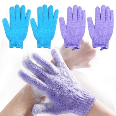 Exfoliating Bath Loofah Gloves Body Scrub Wash Mitts Skin Massage Sponge Towel Deep Cleansing Dead Skin Brush Scrub Luxury Spa Heavy with Face Care Scrubber 2 Pair (Blue Purple)