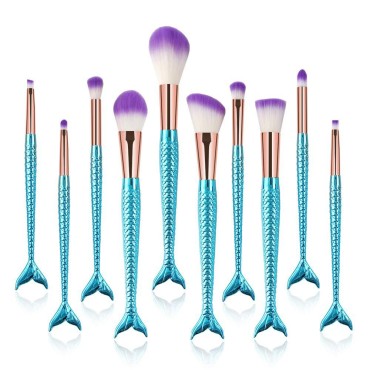 Mermaid Makeup Brushes, 10PCs Professional Premium Makeup Brush Set Foundation Powder Eyeshadows Blending Blush Skin Care Products Brushes (Blue)
