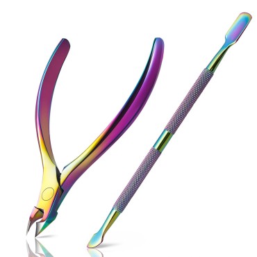 BEZOX Cuticle Trimmer with Pusher - Salon Quality Cuticle Clipper with Cuticle Pushers, Super Sharp Cuticle Cutters and Dual-End Nail Pushers Cuticle Stick, Professional Manicure Tools - Rainbow