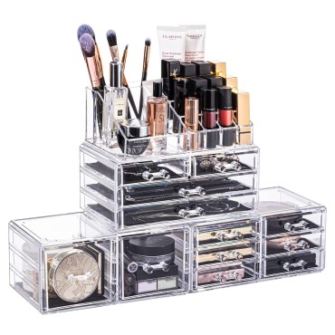URMOMS Makeup Organizer 4 Pieces, Acrylic Makeup Storage Box with 12 Drawers for Lipstick Jewelry and Makeup Brushes, Stackable Vanity Organizer for Dresser and Bathroom Countertop