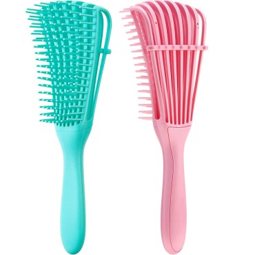 2 Pieces Detangling Brush for Afro America/African Hair Textured 3a to 4c Kinky Wavy/Curly/Coily/Wet/Dry/Oil/Thick/Long Hair, Knots Detangler Easy to Clean (Pink, Green)