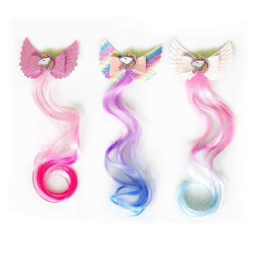 Sunormi 3-Colors Princess Kids Hair Clips In 14 inch Hair Extensions Kids Girls Ponytails Hair Bows Pins Festival Halloween Hair Weave (White/Rainbow/Pink)