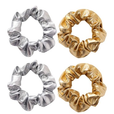 4 Pack Metallic Gold and Silver Bright Cloth Hair Scrunchies Hair Bobbles Elastics Ponytail Holders Hair Wrist Ties Bands Scrunchies for Show Gym Dance Party Club Girl Women