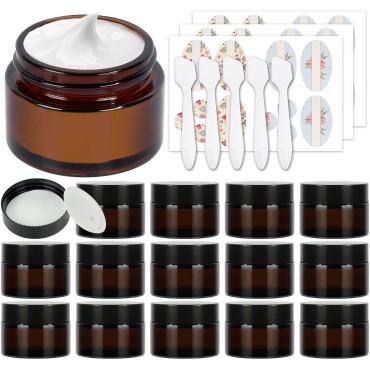15 Pack 1 oz Empty Amber Glass Jars, 30ml Round Refillable Cosmetic Container Storage Jars with Inner Liners and Black Lids,Perfect Travel Jars for Cosmetics,Face Cream Lotion and More Beauty Products