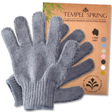 Temple Spring Exfoliating Gloves - Bamboo Bath/Shower Gloves, Bath Gloves for Shower Exfoliating and Ingrown Hair/Dead Skin Remover - Grey - Exfoliator Mitt Scrub Gloves