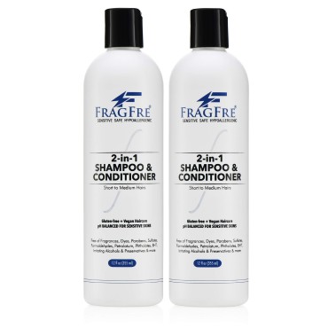 FRAGFRE 2 in 1 Shampoo and Conditioner 12 oz (2-Pack Gift Set) - Fragrance Free Conditioning Shampoo for Short to Medium Hairs - Color Safe - Sulfate Free Cleansing Conditioner for Sensitive Skin