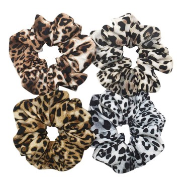 Otyou 4 Pack Bright Leopard Print Hair Scrunchies Soft Fabric Scrunchy Bobbles Elastic Hair Bands Ties Hair Accessories Wrist Band Cosplay Show for Women Girls Pony Tails and Buns