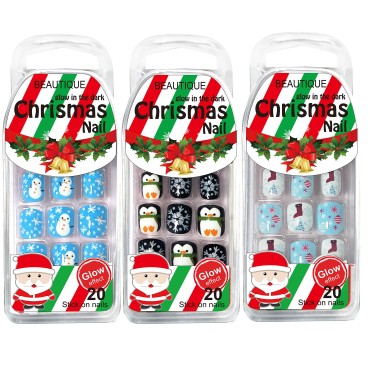 MayQueen 3Pack 60Tips Press On Christmas Novelty Nails, Sticker Nails For Kids