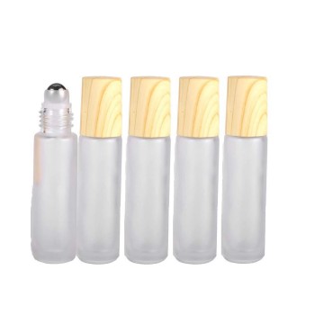 Frosted Glass Roller Bottles Vials Containers,Perfume Dispenser Essential Oil Roller Bottles With Stainless Steel Roller Ball&Wood Grain Cap For Essential Oils,5pcs (10ML)