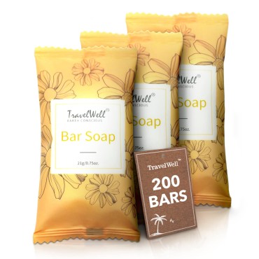 Travelwell Bar Soap Bulk - 200 Pack, 0.75 oz Travel Size Soap Bars - Individually Wrapped Hotel Soap - Great for Vacation Rental and Airbnb Toiletries or Hygiene Kits Supplies
