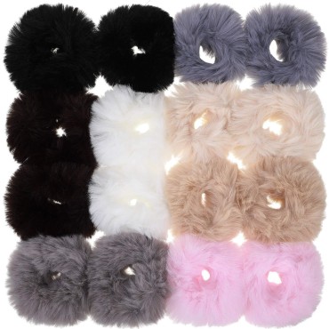 16 Pieces Fur Hair Scrunchies Rabbit Furry Hair Ti...