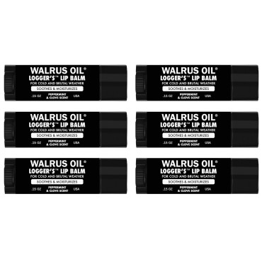 WALRUS OIL - Logger's Lip Balm, 6-Pack, 100% Vegan, Made with Candelilla Wax, Almond Oil, Coconut Oil, Jojoba Oil, and Natural Ingredients.