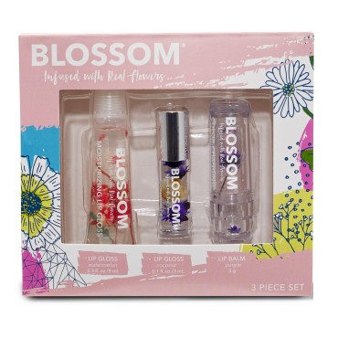 Blossom 3 Pack Gift Set Moisturizing Lip Gloss Tubes, Roll on Lip Gloss, Scented Color Change Lip Balm, Infused with Real Flowers, 0.7 fl. oz/15mL, Watermelon/Coconut/Purple
