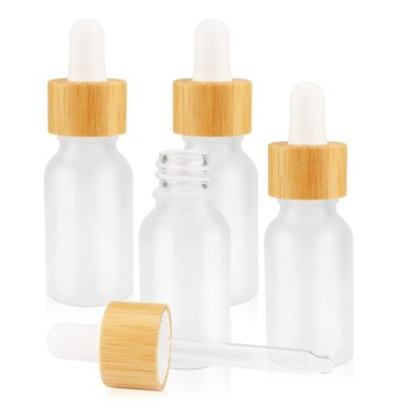 4 Pack Frosted Glass Dropper Bottles,Essential Oil Bottles With Eye Dropper And Bamboo Lids Perfume Sample Vials Essence Liquid Cosmetic Containers (15ml/0.5oz)