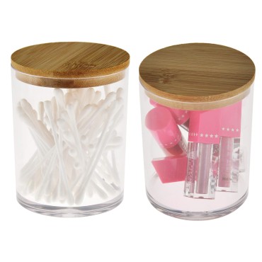 ARAD 2 Pcs Cotton Ball, Swab, Q-tip Storage, Clear Acrylic Jar Container with Bamboo Lid, Easy Organization on Bathroom Counters, Under Sink Placement or Vanity Tables-3.25