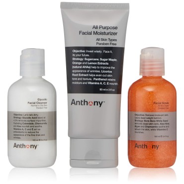 Anthony Face It & Go Kit, Set Includes Glycolic Facial Cleanser 3.4 Fl Oz. All Purpose Facial Moisturizer 3 Fl Oz. Facial Scrub 3.4 Fl Oz.