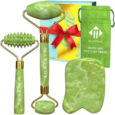 Jade Roller for Face and Gua Sha Set - 2 Anti-Aging Rollers and Gua-Sha Facial Tool - Face and Body Massager for Your Skincare Routine - Face Roller for Wrinkles and Lifting for Lymphatic Drainage