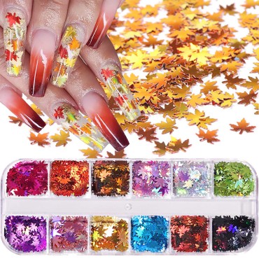 12 Colors Fall Leaf Glitter Nail Sequins - 3D Mapl...