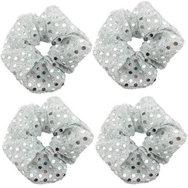 4 Pcs Sequins Christmas Hair Scrunchies Hair Bobbles Metallic Elastics Ponytail Holders Hair Wrist Ties Bands Cloth Scrunchies for Show Gym Dance Party Club Girl (Silver)