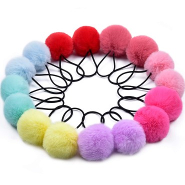 MORGLES Pom Pom Hair Ties, 16pcs Girls Hair Ties Hair Accessories Fluffy Ponytail Holders PomPom Hair Band for Girls Toddlers Pigtail, 2 inch