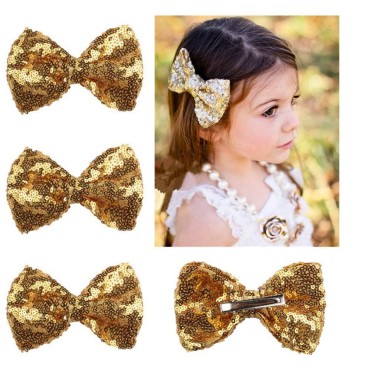 4 Pack Gold Glitter Sequins Bow Hair Clip Hairpin for Girls Cheer,Dance Recital,Birthday Shirt,Themed Party Festivals