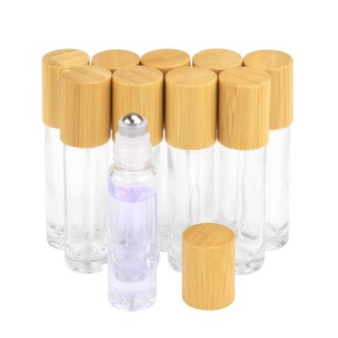 10ml(1/3oz) Roll On Bottles,10 Pack Glass Roller Bottles Essential Oil Bottles Perfume Cosmetic Sample Bottles With Stainless Steel Roller Ball&Bamboo Lids