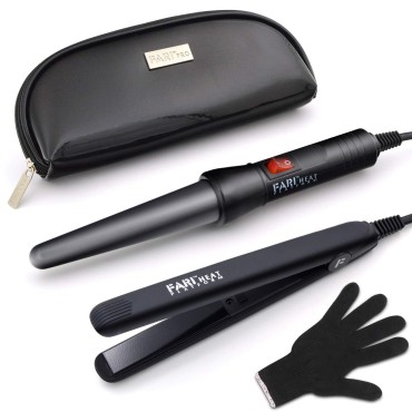 FARI Travel Hair Curling Iron and Mini Flat Iron 2 in 1 Kit, Ceramic Tourmaline Curling Wands and Hair straighteners Set, Heat Resistant Glove and Travel Pouch Included, Black