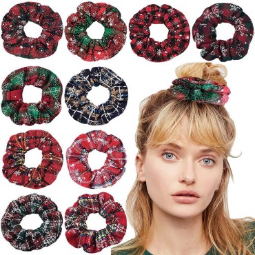 6 Pcs Christmas Scrunchies Hair Scarf, Holiday Hair Scrunchies Plaid Hair Scarfs with Christmas Patterns, Cute Soft Elastic Plaid Hair Scrunchy Ties (10 Pieces Christmas Plaid Hair Scrunchy Ties)