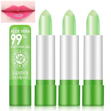 DTDR 3PCS Aloe Vera Lipstick,Long Lasting Nutritious Color Changing Lip Balm,Natural Moisturizer Magic Temperature Color Change Lip Gloss,Green