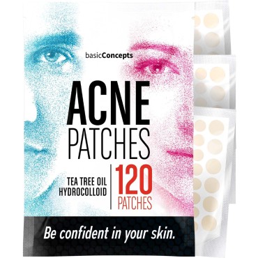 BASIC CONCEPTS Pimple Patches for Face (120 Pack), Hydrocolloid Patch with Tea Tree Oil - Pimple Patch Zit Patch and Pimple Stickers - Hydrocolloid Acne Patches for Face - Zit Patches -Blemish Patches