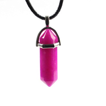 Anglacesmade Bullet Shape Gemstone Choker Necklace Hexagonal Pointed Reiki Chakra Pendant Leather Necklace Bohemian Jewelry for Women and Girls (Rose Ruby)
