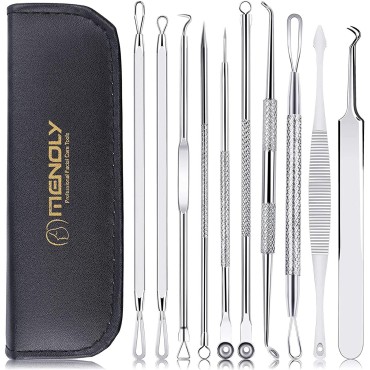 MENOLY Pimple Popper Tool Kit, 10 Pcs Blackhead Remover Zit Popper for Blemish, Pimple Comedone Extractor Acne Tool for Nose Face with a Leather Bag