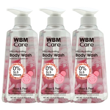 WBM Care Body Wash Soft & Smooth Skin After Just One Use, Formulated with Rose & Pearl, Deep Purifies, SLS & Silicon Free, 17.5 fl oz/Each - Pack of 3