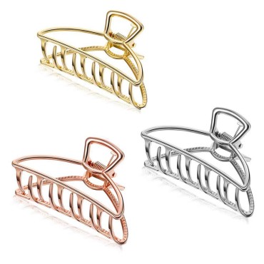 Emoly 3 Pack Large Metal Claw Clips Hollow Non-Slip Hair Catch Jaw Clamp for Women Girls Hair Barrette for Fixing Hair (Silver&Gold&Rose Gold)