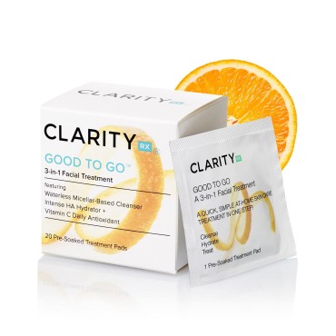 ClarityRx Good To Go 3-in-1 Cleansing Facial Treatment, Natural Plant-Based Face Wipes with Micellar Water, Hyaluronic Acid & Vitamin C for All Skin Types (20 Count)
