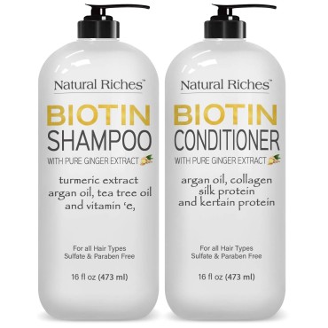 Natural Riches Biotin Shampoo and Conditioner Set W/Ginger Turmeric Extract & Keratin for Hair follicle Hair Loss and Thinning Hair gives Fuller Thicker Hair Sulfate free 2X16 fl oz.