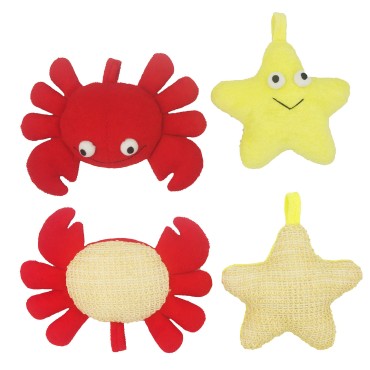 Bleu Bath (2 Pack) Animal Body Scrubber Natural Linen Shower Ball for Toddler Kids Gentle Exfoliating Bath Sponge Loofah Pouf in Yellow Starfish Red Crab with Cute Big Eyes Design