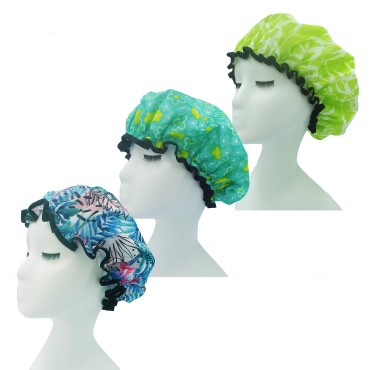 Double Layer Shower Bath Hair Cap Hat Washable Adjustable Reusable Waterproof for Women Girl Children, Green with White Stripes, Green with Flower, White with Rose Red Pattern Collection, 3 Pack