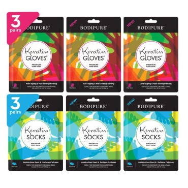 BODIPURE Premium Keratin Gloves and Socks for Hydrating Dull Dry Hands and Cracked Heels - Callus Softening - Nail Strengthening - Skin Brightening and Nourishing - 3 Pairs ea. (3+3 Pack)